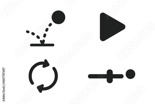 UI icon set for animation and media control. Solid glyphs including bounce effect, play button, loop, and speed slider for web and app user interface design. Vector concept.