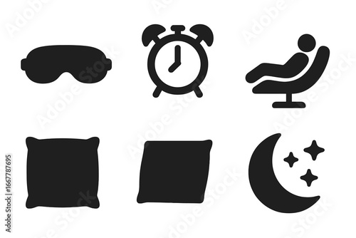 Sleep and rest solid icon set. Vector glyph collection for relaxation, bedtime and napping. Includes sleep mask, alarm clock, pillow, moon, stars, and nap pod silhouette.