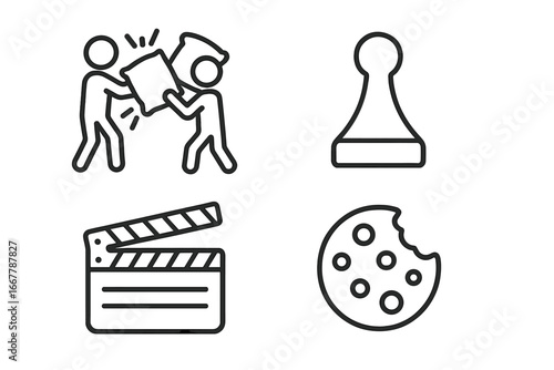 Pajama party and sleepover activities icon set. Linear icons for pillow fight, board games, movie night and cookies. Fun slumber party vector symbols collection illustration.