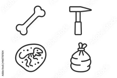Paleontology icon set. Outline vector symbols for archaeology, excavation, museum. Dinosaur bone, geology hammer, prehistoric fossil skeleton, fossil conservation plaster jacket.