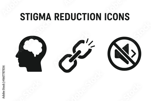 Stigma reduction vector icon set. Mental health awareness concept. Open mind, breaking chains of prejudice, breaking silence symbols. Psychology, support, therapy illustration.
