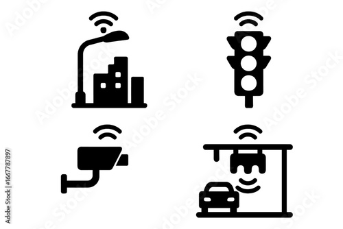 Smart city infrastructure solid icon set. Vector icons of smart streetlight, traffic light, cctv camera, and car sensor. Urban technology, IoT, and wireless connectivity concept.