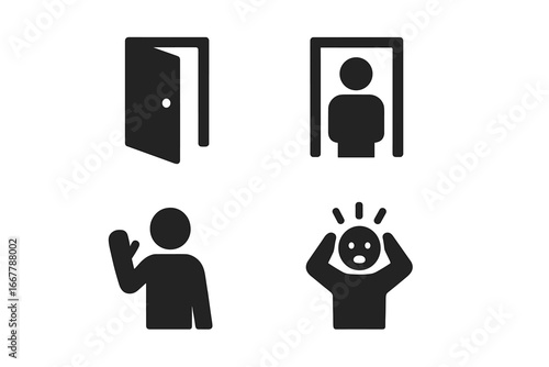 Solid filled icon set of unexpected encounters. Open door for a surprise visit. Waving figure for a greeting. Startled, shocked person pictogram. Welcome or unwelcome guest.