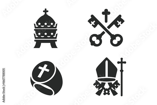 Papal symbols glyph icon set. Vector collection of catholicism and christianity religious items. Pope tiara, crossed keys of Saint Peter, mitre, and papal ring illustration.