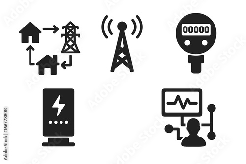 Smart grid solid icon set. Vector glyphs of energy systems, power flow, data tower, smart meter, charging station, and network control. Electricity management symbols.
