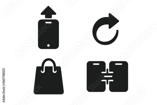 Upgrade icons solid glyph set. Vector symbols for mobile phone decisions like trade-in, new device purchase, shopping, and comparing smartphone specifications. Tech concept.