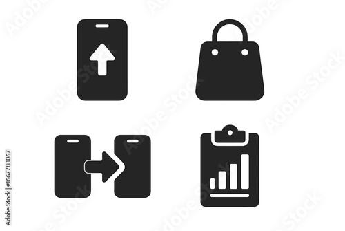 Smartphone upgrade vector icon set. Solid glyphs for phone trade-in, data transfer, new device purchase, and specs comparison. Mobile technology and consumer choice concepts.