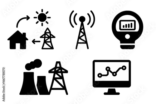Smart grid vector icon set. Solid glyph pictograms collection of energy systems, solar power, data tower, smart meter, power plant and consumption control analytics chart.
