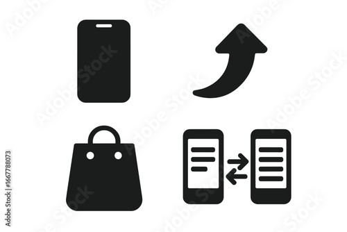 Phone upgrade icon set. Vector glyphs for mobile trade-in, data transfer, and new device purchase. Solid symbols for comparing specs, shopping, and updating electronics.