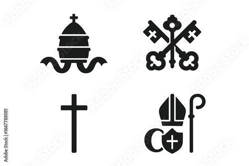 Papal symbols icon set. Vector collection of Catholic and Christian religious elements. Includes papal tiara, crossed keys of St. Peter, cross, mitre, and crosier staff.