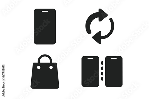 Smartphone upgrade vector icon set. Solid glyph icons for new phone purchase, trade-in, compare models, and technology decisions. Mobile app and web design elements.