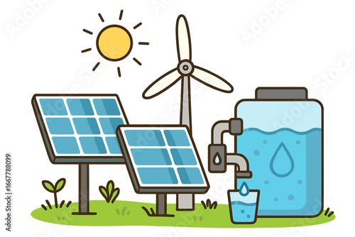 Sustainable energy sources concept. Renewable power with solar panels and wind turbine. Water purification and filtration system for clean drinking water. Ecology vector illustration.