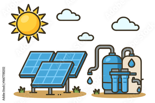 Sustainable energy concept with solar panels powering a water purification system. Renewable, eco-friendly technology for clean water filtration. Green power vector cartoon.