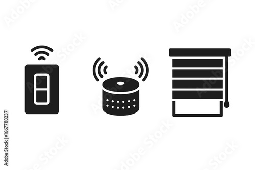 Smart home automation solid glyph icon set. Vector illustration of interior features like a smart light switch, voice assistant speaker, and automated blinds. IoT concept.