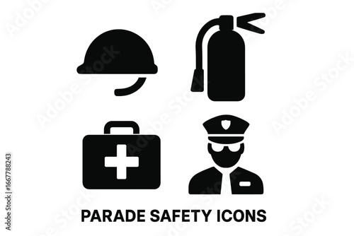 Public event safety solid icon set. Emergency preparedness and security concept. Vector glyph collection with hard hat, fire extinguisher, first aid kit, and police officer.
