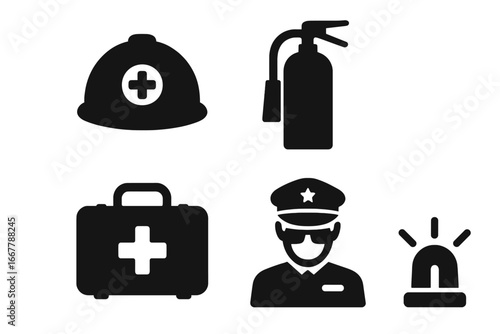Parade and event safety icon set. Emergency services solid glyph icons. Police, security guard, fire extinguisher, first aid kit, medical helmet and alarm siren vector symbols.