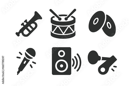 Music and sound solid glyph icon set. Parade instruments and audio symbols. Vector collection with trumpet, drum, cymbals, microphone, speaker, and air horn for celebration.