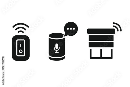 Smart home icon set solid glyph style vector illustration. Home automation symbols for voice assistant, smart speaker, automated blinds, and wireless light switch control.