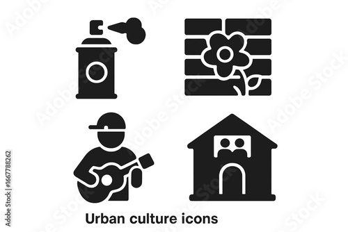 Urban culture glyph icons set. Street art, graffiti spray can, mural on brick wall, street musician with guitar, community center. City life and subculture vector symbols.