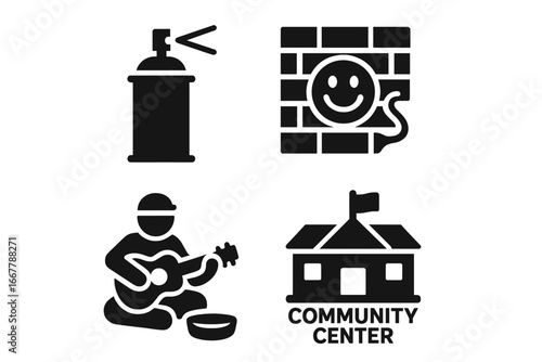 City life and urban culture glyph icon pack. Featuring street art, graffiti spray, mural on a brick wall, street musician with guitar, and a local community center building.