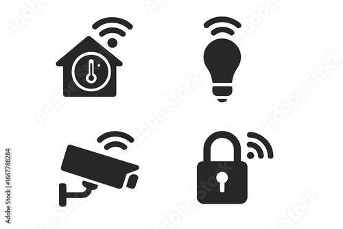 Smart home icons set. Home automation system glyph symbols. IoT devices silhouette collection. Wireless technology for house control. Vector icons of lock, light, cctv, thermostat.