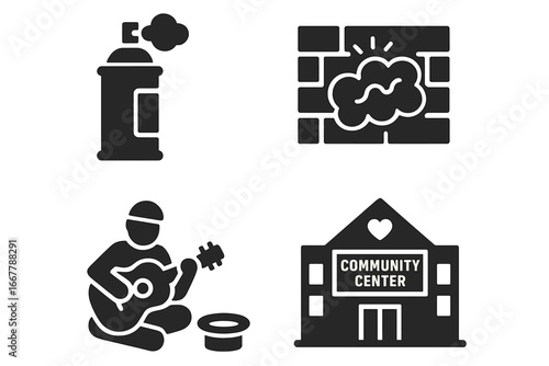 Urban culture glyph icon set. Street art and life symbols. Graffiti spray can, mural wall, street musician with guitar, community center. Solid black vector pictogram pack.
