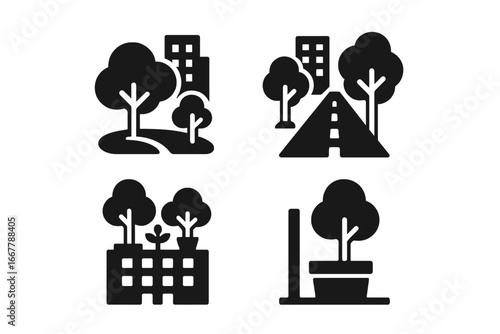 Urban forestry solid icon set. Green city concept. City park, tree-lined street, rooftop garden, and sidewalk planter. Vector glyph for ecology and sustainable urban planning.