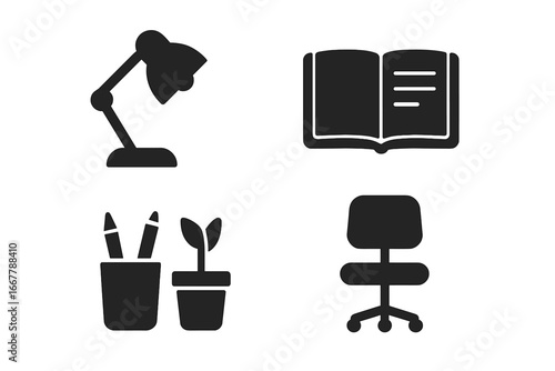 Tutoring icon set with solid glyphs for education. Concept for learning, study, e-learning, and home office. Vector symbols of desk lamp, book, chair, and pens.