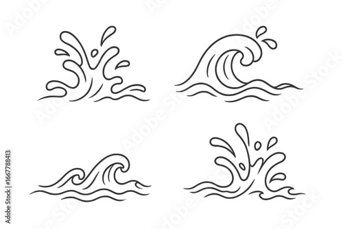 Water wave and splash line art icon set. Simple sea ocean surf symbol collection. Minimalist hand drawn doodle liquid flow vector illustration. Graphic design elements.