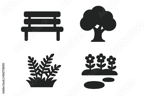 Park and garden solid glyph icon set. Vector symbols of outdoor elements and public spaces. Nature and flora silhouettes including bench, tree, bush, and flower bed with path.