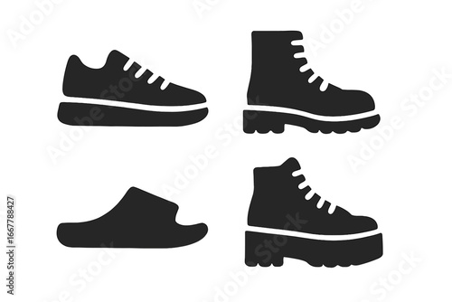 Urban footwear solid icon set. Glyph collection of modern casual shoes. Vector illustration of sneaker, platform boot, high-top & slide for fashion or web design concept.