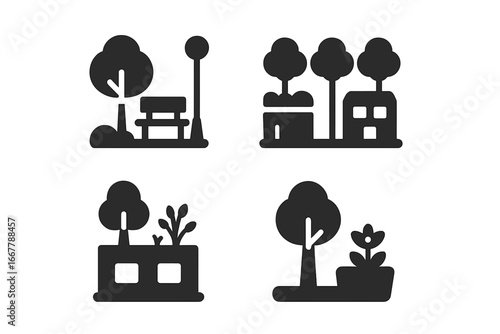 Urban forestry solid glyph icon set. City park with bench, tree-lined street, and sidewalk planters. Vector symbols for sustainable green city, environment, and public spaces.
