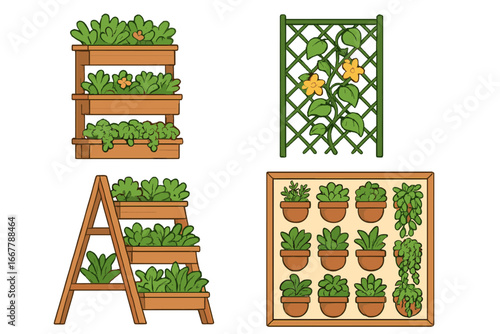 Set of innovative vertical gardening designs. Vector cartoon illustration of plant displays, container arrangements, wall structures, ladder planter, trellis for home and urban garden.