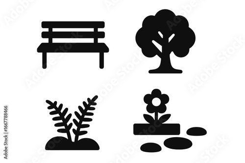Park and garden icons set. Solid glyph collection of outdoor elements. Includes public bench, tree, fern, flowerbed and path stones. Vector symbols for nature and landscape.