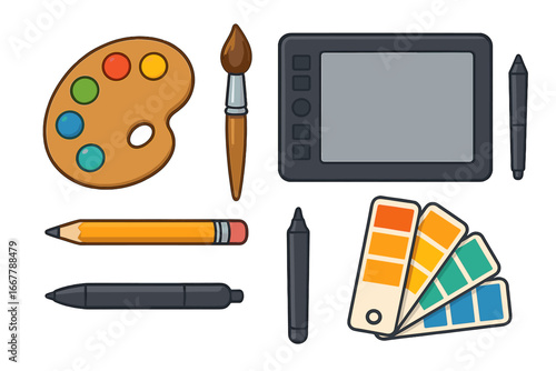 Vector icon set of creative tools for artists and graphic designers. Digital graphic tablet and traditional art supplies like paint palette, brush, pencil. Color swatch guide.