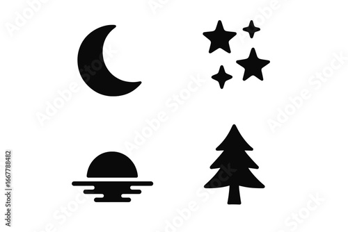 Nature icons solid black silhouette set. Vector symbols of twilight, night, and outdoor scenes. Crescent moon, stars, setting sun over water, and pine forest tree symbol.