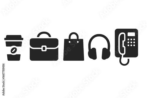 Urban lifestyle solid glyph icon set. Business and daily routine symbols. Coffee cup, briefcase, shopping bag, headphones, public phone. City life vector flat illustration.