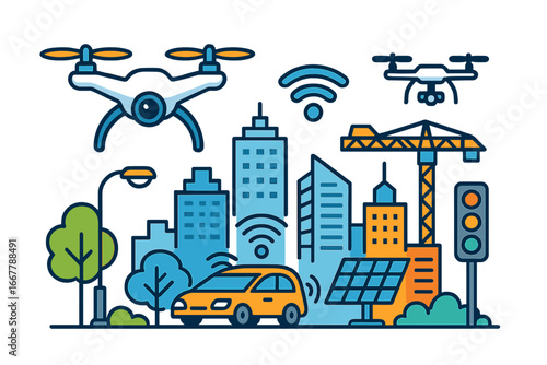 Smart city vector illustration with drone delivery, autonomous car, and urban infrastructure. Future technology, IoT, connectivity, and sustainable energy in a modern cityscape.