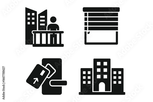 Urban living and city life glyph icon set. Apartment building, skyscraper balcony view, window blinds, and electronic keycard door access. Real estate vector symbols.