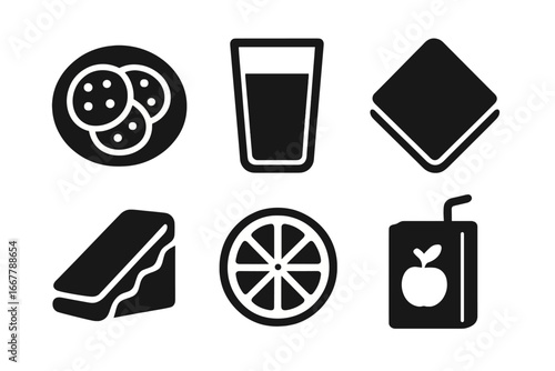 Snack time solid glyph icon set. Food and drink symbols for kids lunch. Vector collection with cookie, milk, sandwich, orange fruit slice, napkin and apple juice box.