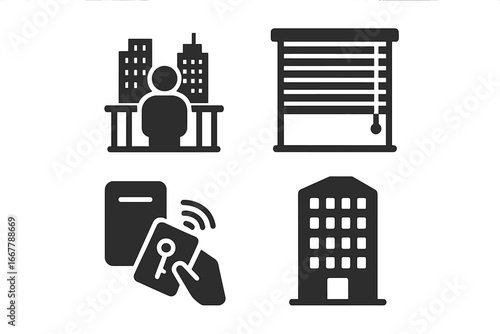 Urban living glyph icon set. City life solid pictograms collection. Includes person on balcony with skyscraper view, window blinds, keycard entry access, apartment building.