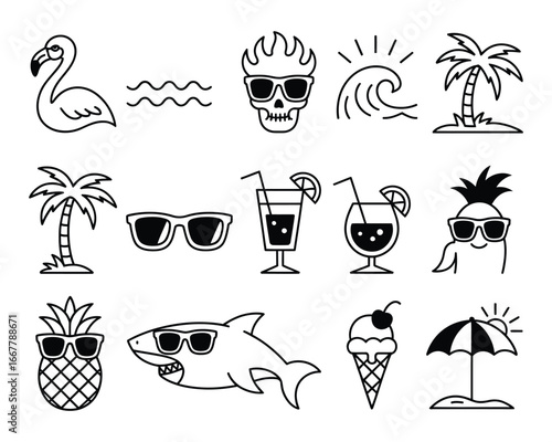 Summer Fun Collection Black and White Line Art of Beach and Vacation Icons