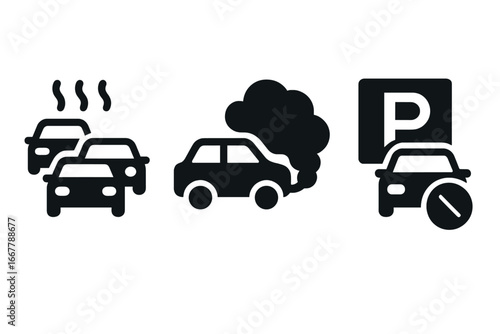 Urban mobility challenges icon set. Traffic jam, air pollution, and parking shortage symbols. Vector graphic of city transport problems, car congestion, and vehicle emissions.
