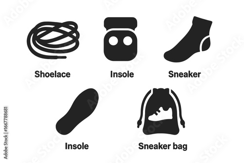 Sneaker accessory solid glyph icon set. Vector collection of footwear care items. Shoelace, lace lock, sock, shoe insole, drawstring bag. Footgear equipment symbols.