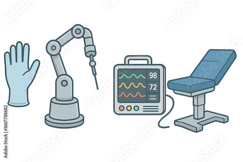 Medical technology icon set. Robotic surgery arm, vital signs monitor, examination table and glove. Healthcare innovation, automation in medicine, hospital equipment vector.