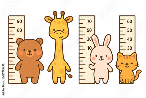 Kids height chart with cute animals. Children growth meter with kawaii bear, giraffe, rabbit, cat. Nursery wall decor vector illustration. Ruler for measuring baby growth.