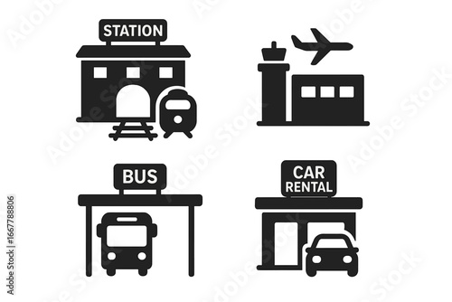 Urban mobility solid icon set. Public transport and travel hubs. Train station, airport terminal, bus stop, car rental agency. Vector glyph pictograms for web and mobile design.