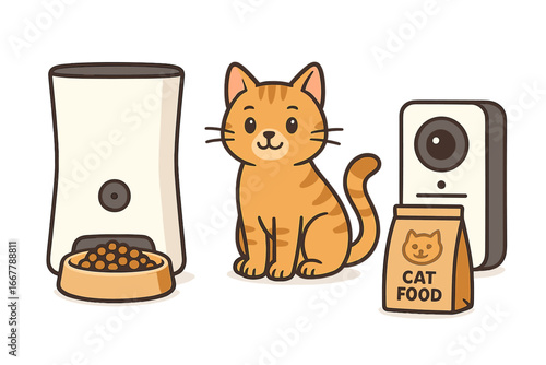 Modern pet care essentials for feeding and monitoring cats with automatic feeder, cat food bag, and smart camera in a cute cartoon style vector illustration