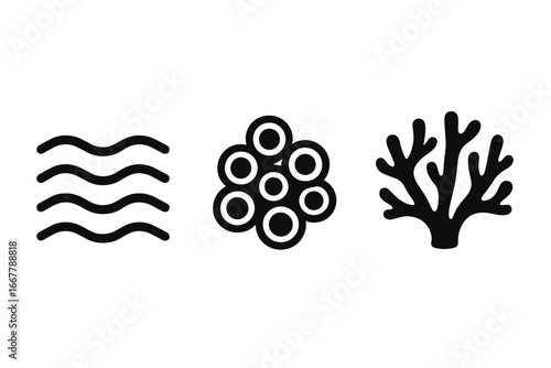 Underwater texture solid filled icon set. Marine life patterns with sea wave ripple, barnacle cluster, and coral reef silhouette. Aquatic vector pictogram collection for design.