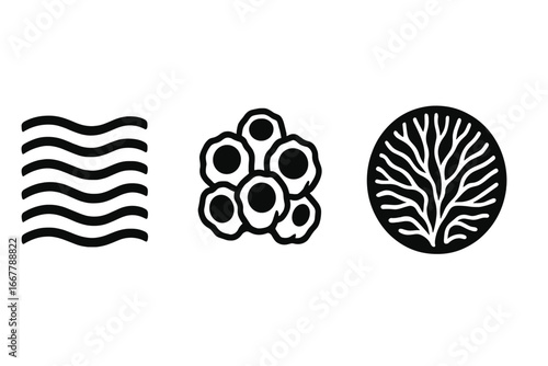 Underwater texture solid filled icon set. Marine life patterns, water waves, ocean ripple, sand texture, barnacle cluster, and coral reef vector illustration icons.